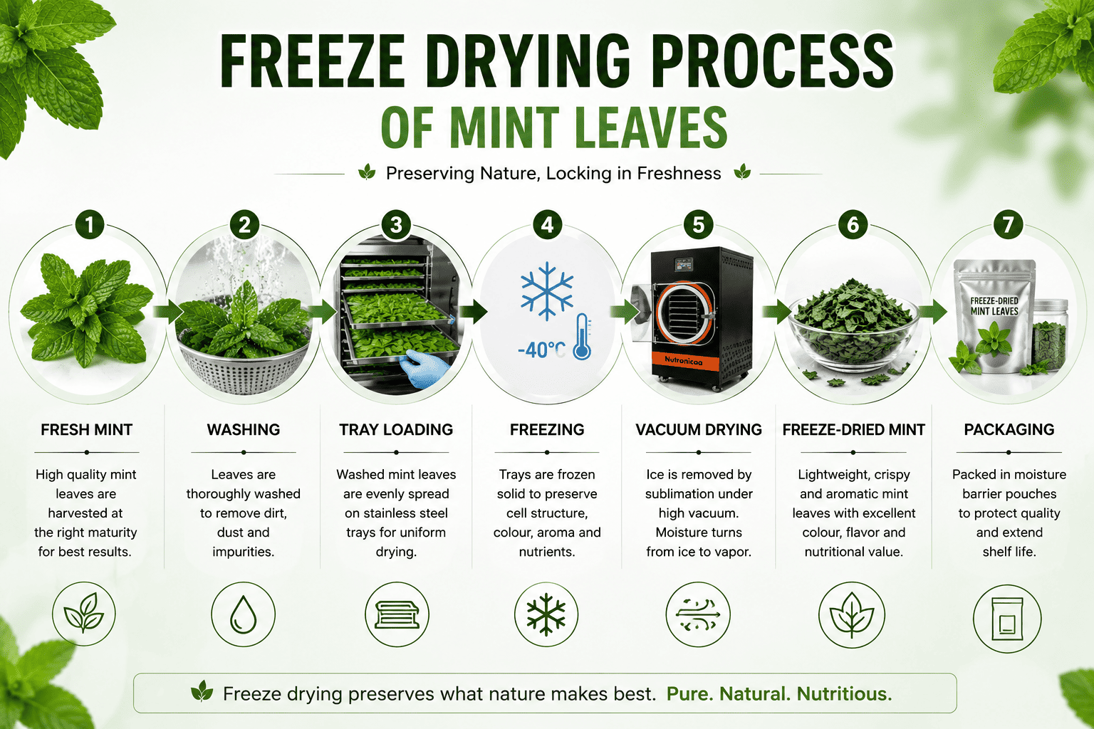 Freeze-drying process of mint leaves from harvesting to packaging