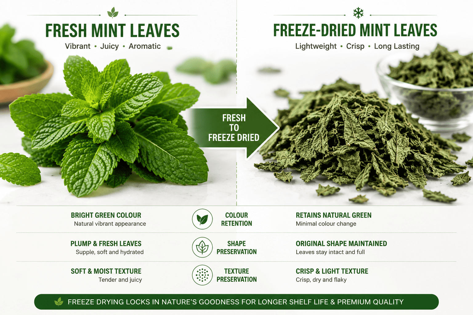 Fresh mint leaves compared with freeze-dried mint leaves