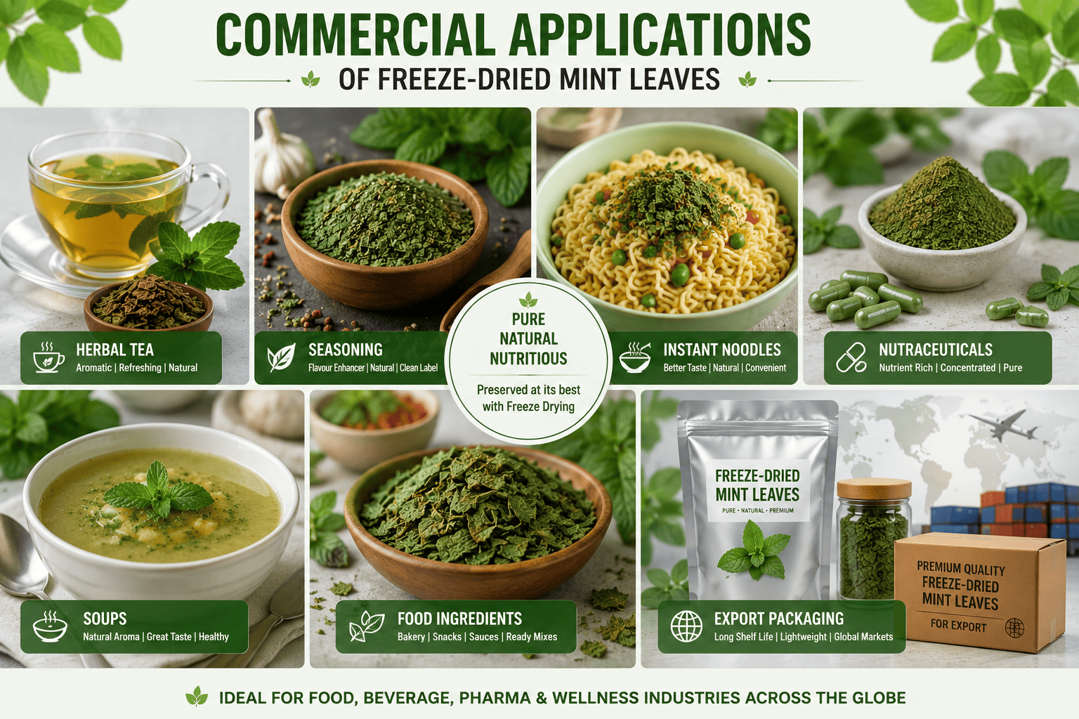 Commercial applications of freeze-dried mint leaves