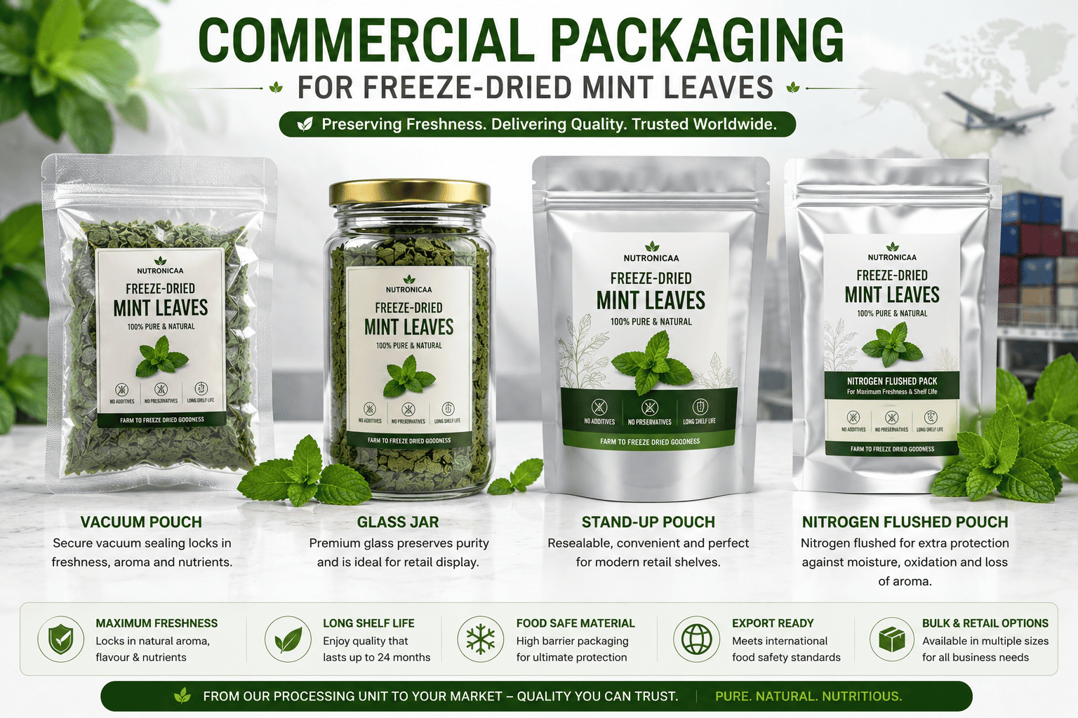 Commercial packaging options for freeze-dried mint leaves