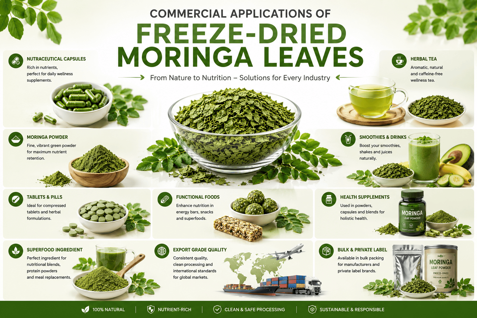 Commercial applications of freeze-dried moringa leaves
