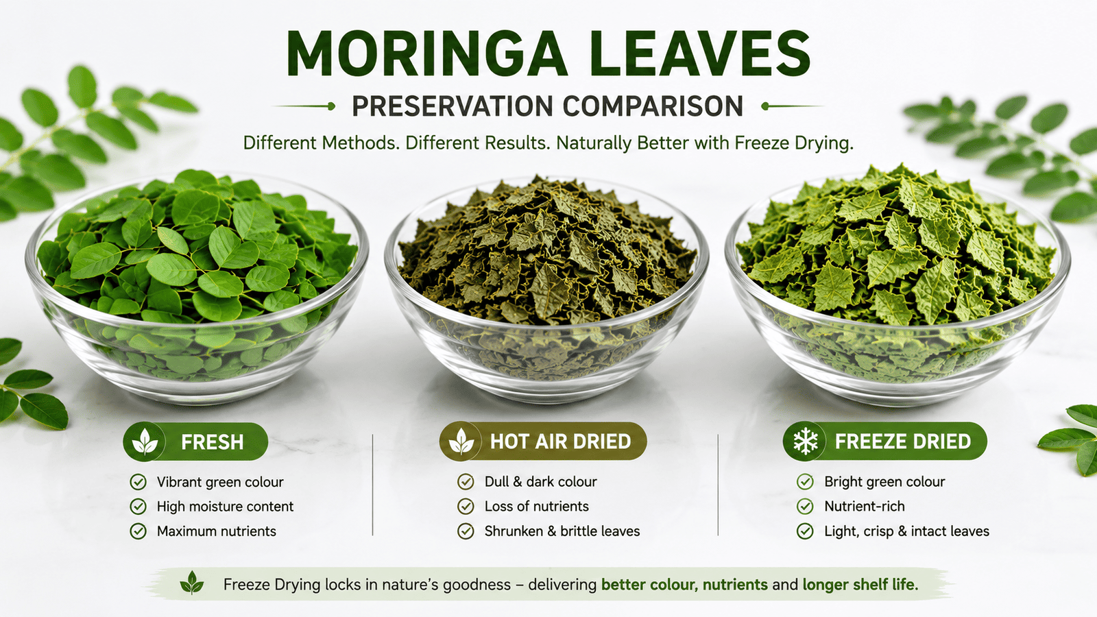 Fresh, hot-air-dried and freeze-dried moringa leaves comparison