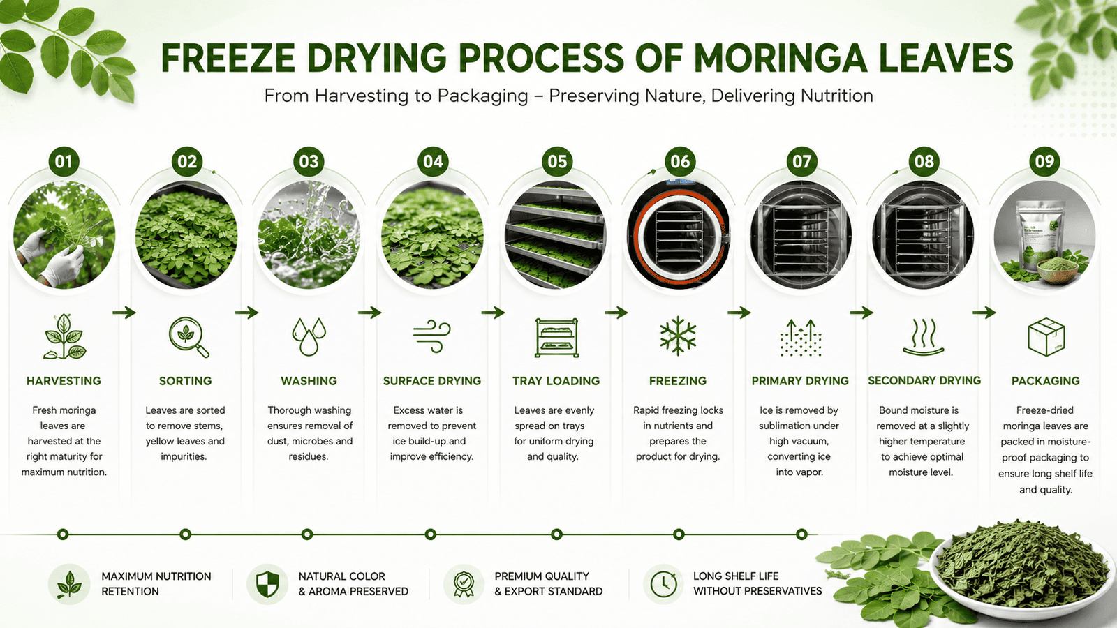 Freeze drying process of moringa leaves from harvesting to packaging