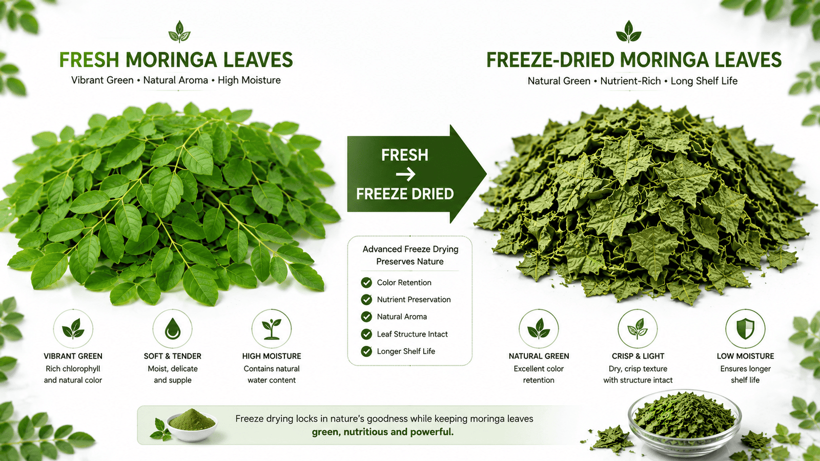 Fresh moringa leaves compared with freeze-dried moringa leaves